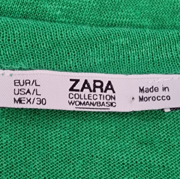 Zara Green 100% Linen Ruffle Sleeve Round Neck Knit Blouse Top Size Large - Picture 2 of 10